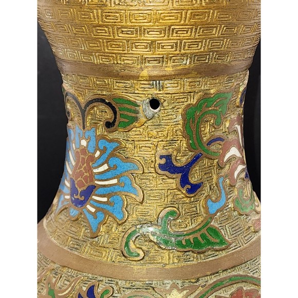 Vintage Heavy Brass Japanese Inlaid Cloisonné Missing 1 Handle Vase Made Japan - Picture 7 of 14